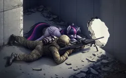Size: 1339x837 | Tagged: safe, derpibooru import, machine learning generated, twilight sparkle, twilight sparkle (alicorn), alicorn, human, pony, ai content, clothes, cute, digital art, duo, female, generator:bing image creator, generator:dall-e 3, gun, helmet, hole, human and pony, human male, image, lies, male, mane, mare, military, military uniform, missing cutie mark, no cutie marks because im lazy, png, raised hoof, rifle, scope, sniper, sniper rifle, soldier, tail, uniform, weapon