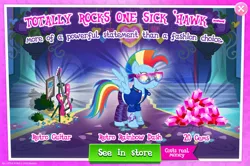 Size: 1961x1300 | Tagged: safe, derpibooru import, official, rainbow dash, pegasus, pony, advertisement, bracelet, bush, clothes, costs real money, cutie mark, cutie mark on clothes, english, female, gameloft, gem, glasses, guitar, image, jacket, jewelry, jpeg, mare, mobile game, mohawk, musical instrument, my little pony: magic princess, numbers, pants, sale, shirt, solo, solo focus, spread wings, text, wings