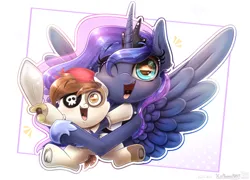 Size: 3120x2250 | Tagged: safe, artist:phoenixrk49, derpibooru import, pipsqueak, princess luna, alicorn, earth pony, pony, clothes, colt, costume, cute, duo, eyepatch, female, foal, frog (hoof), high res, holding a pony, hoofbutt, image, looking at you, male, mare, nightmare night costume, one eye closed, open mouth, open smile, pirate costume, png, signature, smiling, smiling at you, toy sword, underhoof