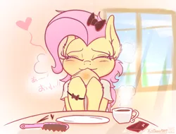 Size: 2960x2250 | Tagged: safe, artist:phoenixrk49, derpibooru import, fluttershy, pegasus, pony, blushing, bow, bread, brush, cup, cute, eating, eyes closed, female, floating heart, food, hair bow, hairbrush, heart, high res, hiragana, hoof hold, image, mare, png, shyabetes, smiling, solo, teacup, toast