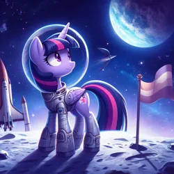 Size: 1024x1024 | Tagged: safe, derpibooru import, machine learning generated, twilight sparkle, twilight sparkle (alicorn), alicorn, pony, ai content, alternate cutie mark, astronaut, earth, female, flag, folded wings, generator:bing image creator, generator:dall-e 3, image, jpeg, mare, moon, rock, scenery, solo, space, space helmet, space shuttle, spacesuit, tail, wings, wrong cutie mark