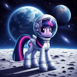 Size: 1024x1024 | Tagged: safe, derpibooru import, machine learning generated, twilight sparkle, twilight sparkle (alicorn), alicorn, pony, ai content, astronaut, earth, female, folded wings, generator:bing image creator, generator:dall-e 3, image, jpeg, mare, moon, rock, scenery, solo, space, space helmet, spacesuit, tail, wings