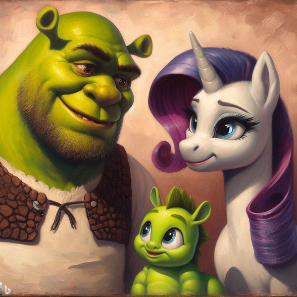 Size: 1024x1024 | Tagged: safe, ai content, derpibooru import, machine learning generated, rarity, oc, crossover, crossover ship offspring, crossover shipping, generator:bing image creator, image, offspring, png, shipping, shrek, shrek (character), traditional art emulation, wat