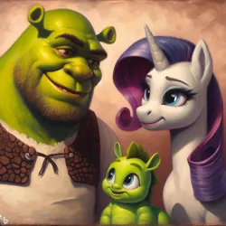 Size: 1024x1024 | Tagged: safe, derpibooru import, machine learning generated, rarity, oc, ai content, crossover, crossover ship offspring, crossover shipping, generator:bing image creator, image, offspring, oil painting, png, shipping, shrek, shrek (character), traditional art, wat