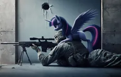 Size: 1110x702 | Tagged: safe, derpibooru import, machine learning generated, twilight sparkle, twilight sparkle (alicorn), alicorn, human, pony, ai content, clothes, concrete, cute, duo, female, generator:bing image creator, generator:dall-e 3, gun, helmet, hole, hole in the wall, human and pony, human male, image, lies, male, mane, mare, military, military uniform, missing cutie mark, png, raised hoof, realistic, rifle, scope, sniper, sniper rifle, soldier, tail, twilight sniper, uniform, weapon