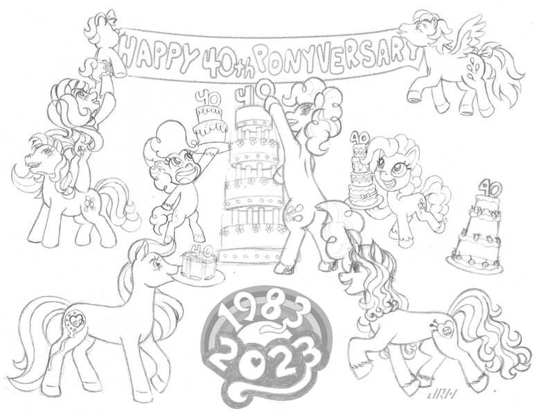 Size: 1301x1000 | Tagged: safe, artist:texasuberalles, derpibooru import, izzy moonbow, light heart, pinkie pie, pinkie pie (g3), surprise, earth pony, pegasus, pony, unicorn, g1, g2, g3, g5, my little pony: pony life, my little pony: stop motion short, 1983, 2023, banner, cake, derpibooru exclusive, diaper, female, filly, flying, foal, food, g3.5, g3.75, g4, hoof hold, image, jpeg, logo, looking back, looking up, magic, mare, marzipan mascarpone meringue madness, mlp fim's thirteenth anniversary, mlp's 40th anniversary, mouth hold, newborn cuties, open mouth, pencil drawing, ponies riding ponies, riding, smiling, telekinesis, traditional art, unshorn fetlocks