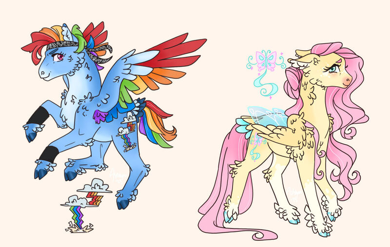 Size: 1280x811 | Tagged: safe, artist:ashmatashs, derpibooru import, fluttershy, rainbow dash, flutter pony, hybrid, pegasus, pony, alternate design, alternate hairstyle, bandana, chest fluff, cloven hooves, coat markings, colored ear fluff, colored eyebrows, colored hooves, colored wings, duo, ear fluff, feathered fetlocks, feathered hock, female, flying, folded wings, hybrid wings, image, jpeg, looking back, mare, multicolored wings, pale belly, rainbow wings, simple background, socks (coat marking), species swap, spread wings, tail, tail feathers, transparent wings, twitterina design, walking, white background, wings