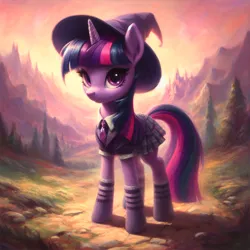 Size: 2048x2048 | Tagged: safe, derpibooru import, machine learning generated, twilight sparkle, pony, unicorn, ai content, clothes, generator:dall-e 3, hat, image, mountain, png, scenery, skirt, socks, solo, witch, witch hat