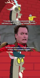 Size: 372x720 | Tagged: safe, derpibooru import, edit, screencap, discord, make new friends but keep discord, crossover, image, john de lancie, jpeg, no fun allowed, q, star trek, star trek: the next generation, voice actor joke