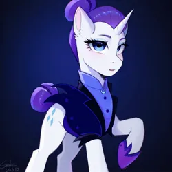 Size: 2048x2048 | Tagged: safe, artist:xiaowu07, derpibooru import, rarity, earth pony, pony, unicorn, alternate hairstyle, alternate timeline, clothes, dark background, eyeshadow, female, image, jpeg, looking at you, makeup, mare, night maid rarity, nightmare takeover timeline, raised hoof, signature, solo