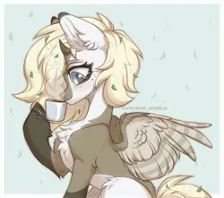 Size: 3400x3000 | Tagged: safe, artist:avroras_world, derpibooru import, oc, unofficial characters only, hybrid, pegasus, abstract background, chest fluff, cup, cute, drink, drinking, ear fluff, food, freckles, horns, image, jpeg, solo, steam, tea