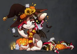 Size: 3962x2823 | Tagged: safe, artist:avroras_world, derpibooru import, oc, unofficial characters only, bat, bat pony, ghost, pony, undead, abstract background, candle, clothes, commission, cute, fangs, female, flower, halloween, hat, holiday, image, jack-o-lantern, jpeg, mare, pumpkin, scarf, sitting, solo, sunflower, witch hat, ych result