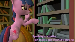 Size: 3840x2160 | Tagged: suggestive, artist:olkategrin, derpibooru import, twilight sparkle, pony, unicorn, comic:no moaning in the library, 3d, book, bookshelf, comic, dialogue, english, female, golden oaks library, half-closed eyes, horn, image, library, looking at something, png, room, source filmmaker, standing, standing on two hooves, tail, talking, text, thinking