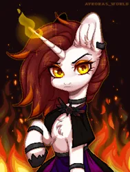 Size: 1250x1650 | Tagged: safe, artist:avroras_world, derpibooru import, oc, unofficial characters only, pony, unicorn, bracelet, cape, chest fluff, choker, clothes, ear fluff, ear piercing, earring, female, fire, glow, glowing horn, horn, image, jewelry, magic, mare, piercing, pixel art, png