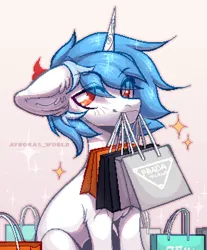 Size: 1160x1400 | Tagged: safe, artist:avroras_world, derpibooru import, oc, unofficial characters only, pony, unicorn, abstract background, bag, commission, image, pixel art, png, shopping bag, solo, sparkles