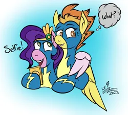 Size: 1371x1236 | Tagged: safe, artist:whirlwindflux, derpibooru import, pipp petals, spitfire, pegasus, pony, g5, clothes, duo, duo female, female, g4, hug, image, mlp fim's thirteenth anniversary, open mouth, open smile, png, selfie, smiling, sweat, sweatdrop, thought bubble, uniform, winghug, wings, wonderbolts, wonderbolts uniform