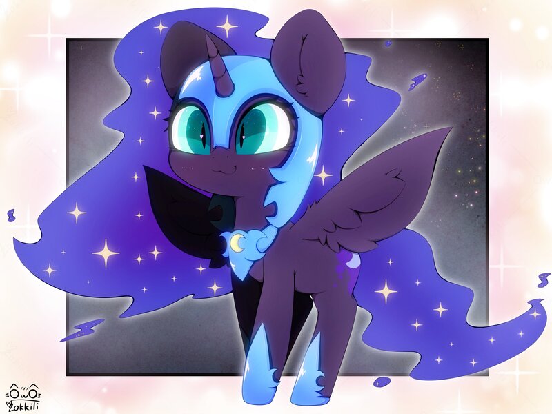 Size: 4000x3000 | Tagged: safe, artist:zokkili, derpibooru import, nightmare moon, alicorn, pony, cute, ear fluff, female, filly, g4, heart, heart eyes, high res, horn, image, jpeg, moonabetes, nicemare moon, nightmare woon, signature, slit pupils, sparkles, spread wings, wingding eyes, wings