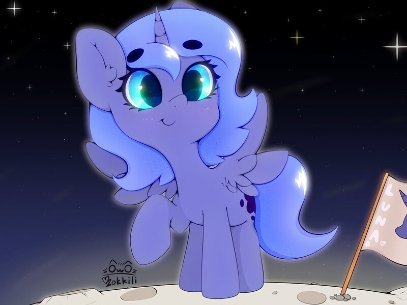 Size: 4000x3000 | Tagged: safe, artist:zokkili, derpibooru import, princess luna, alicorn, pony, beanbrows, cute, ear fluff, eyebrows, eyebrows visible through hair, female, g4, horn, image, jpeg, lunabetes, on the moon, raised hoof, signature, sky, smiling, solo, sparkles, spread wings, stars, wings