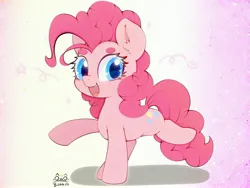 Size: 4000x3000 | Tagged: safe, artist:zokkili, derpibooru import, pinkie pie, earth pony, pony, beanbrows, colored eyebrows, cute, diapinkes, ear fluff, eyebrows, female, g4, high res, image, jpeg, looking at you, mare, open mouth, open smile, raised hoof, raised leg, signature, smiling, smiling at you, solo