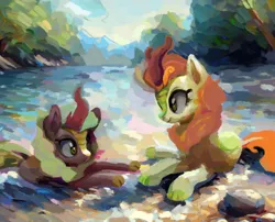 Size: 1534x1238 | Tagged: safe, artist:yidwags, derpibooru import, autumn blaze, cinder glow, summer flare, kirin, duo, image, lying down, painterly, painting, png, river, tree, water