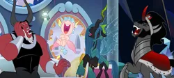 Size: 1421x637 | Tagged: safe, derpibooru import, screencap, cozy glow, king sombra, lord tirek, queen chrysalis, alicorn, centaur, changeling, changeling queen, unicorn, the beginning of the end, the ending of the end, alicornified, antagonist, bell, cackling, cozycorn, cropped, evil laugh, female, grogar's bell, image, laughing, legion of doom, mean three, png, race swap, ultimate chrysalis