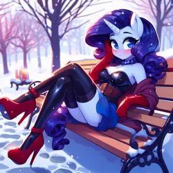 Size: 1024x1024 | Tagged: suggestive, derpibooru import, machine learning generated, rarity, anthro, unicorn, ai content, bench, blushing, breasts, bustier, candle, cleavage, clothes, crossed legs, evening gloves, generator:dall-e 3, gloves, high heels, image, jacket, jpeg, latex, latex gloves, latex stockings, leather, leggings, long gloves, looking at you, platform heels, schrödinger's pantsu, shoes, sitting, skirt, snow, stockings, thigh highs, tree, upskirt, winter