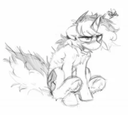 Size: 1371x1240 | Tagged: safe, artist:flixanoa, derpibooru import, oc, oc:fef, unofficial characters only, pony, unicorn, chest fluff, ear gauges, floppy ears, fluffy, grumpy, image, jpeg, male, messy mane, messy sketch, simple background, sitting, sketch, solo, split hair, stallion, underhoof, white background