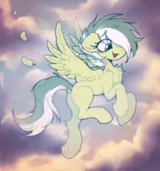 Size: 712x762 | Tagged: safe, artist:flixanoa, derpibooru import, oc, oc:toothpaste, pegasus, pony, bangs, bite mark, chest fluff, cloud, cloudy, eye covered, fangs, feather, feathered wings, female, floppy ears, flying, image, mare, mohawk, png, scratches, solo, split hair, stars, sunset, underhoof, wings