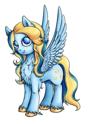 Size: 2249x3025 | Tagged: safe, artist:coco-drillo, derpibooru import, oc, oc:aurela, unofficial characters only, pegasus, pony, big eyes, chest fluff, ear fluff, hoof fluff, image, long mane, looking at you, mascot, png, simple background, smiling, smiling at you, solo, spread wings, standing, transparent background, unshorn fetlocks, wings