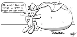 Size: 1050x500 | Tagged: safe, artist:ebbysharp, derpibooru import, sprout cloverleaf, earth pony, pony, g5, beet, confident, food, image, inktober, inktober 2023, male, massive, monochrome, open mouth, open smile, png, smiling, solo, stallion, tomato