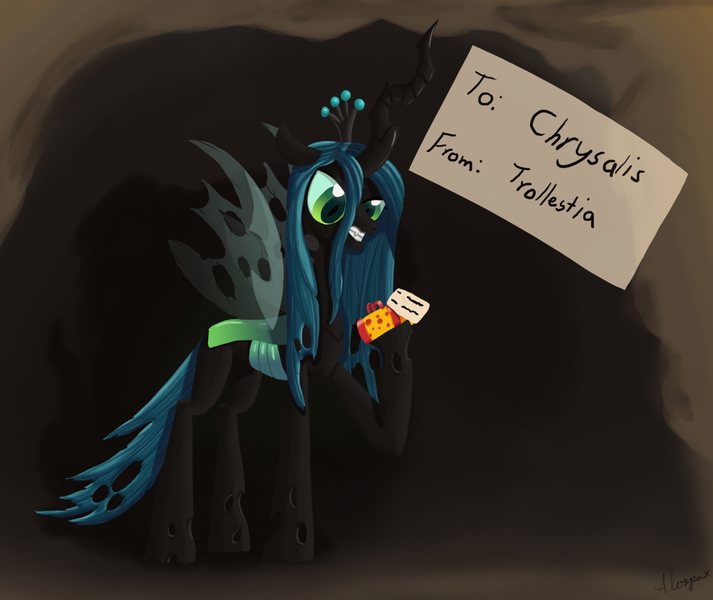 Size: 1649x1387 | Tagged: safe, artist:alorpax, derpibooru import, princess celestia, queen chrysalis, changeling, changeling queen, angry, cheese, cheeselegs, female, food, gritted teeth, image, implied princess celestia, png, present, solo, teeth, trollestia