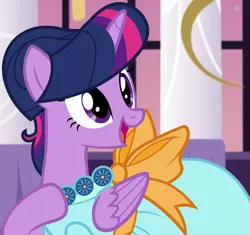 Size: 1065x1000 | Tagged: safe, derpibooru import, screencap, twilight sparkle, twilight sparkle (alicorn), alicorn, pony, make new friends but keep discord, season 5, alternate hairstyle, beautiful, clothes, cropped, dress, female, folded wings, gala, gala dress, grand galloping gala, hair bun, hoof on chest, image, jewelry, mare, necklace, open mouth, png, smiling, solo, wings