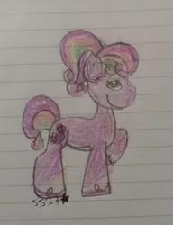 Size: 828x1077 | Tagged: safe, artist:starrscout-23, derpibooru import, cheerilee (g3), earth pony, pony, g3, alternate cutie mark, coat markings, female, g3.5, heart ears, image, jpeg, lined paper, mare, pigtails, raised hoof, redesign, side view, signature, smiling, socks (coat marking), traditional art, unshorn fetlocks