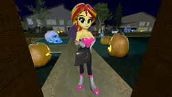 Size: 1920x1080 | Tagged: safe, artist:oatmeal!, derpibooru import, sunset shimmer, ghost, human, undead, equestria girls, 3d, accessory swap, bag, bat wings, bone, breasts, candy bag, cleavage, clothes, costume, decoration, eyebrows, gmod, halloween, halloween costume, holiday, humanized, image, looking at you, png, pumpkin, raised eyebrow, rouge the bat, rouge the bat costume, skeleton, skull, solo, sonic the hedgehog (series), standing, trick or treat, wings