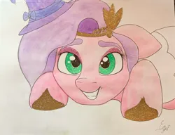 Size: 2164x1665 | Tagged: safe, artist:engi, derpibooru import, pipp petals, pegasus, pony, g5, adorapipp, crown, cute, female, hat, image, jewelry, jpeg, mare, regalia, simple background, smiling, solo, traditional art, watercolor painting