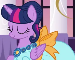 Size: 1142x918 | Tagged: safe, derpibooru import, screencap, twilight sparkle, twilight sparkle (alicorn), alicorn, pony, make new friends but keep discord, season 5, alternate hairstyle, beautiful, clothes, cropped, dress, elegant, eyes closed, female, folded wings, gala, gala dress, grand galloping gala, hair bun, image, jewelry, mare, necklace, png, smiling, solo, wings