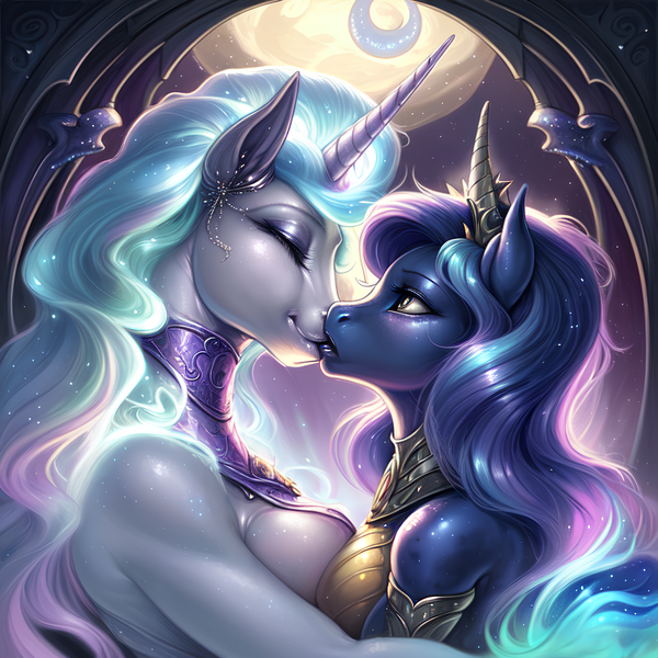 Size: 1152x1152 | Tagged: questionable, derpibooru import, machine learning generated, stable diffusion, princess celestia, princess luna, anthro, ai content, armor, blushing, breasts, bust, duo, duo female, eyes closed, female, hug, image, incest, jewelry, kissing, lesbian, looking at each other, looking at someone, moon, night, png, prompter:ailex, royal sisters, ship:princest, shipping, siblings, sisters, window