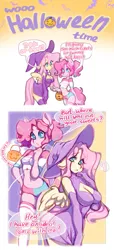 Size: 807x1772 | Tagged: suggestive, artist:tolsticot, derpibooru import, fluttershy, pinkie pie, anthro, pegasus, belly button, breasts, busty fluttershy, clothes, costume, halloween, halloween costume, hat, holiday, image, png, witch, witch costume, witch hat