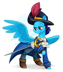 Size: 2445x2808 | Tagged: source needed, safe, artist:luximus17, derpibooru import, oc, oc:blue angel, unofficial characters only, pegasus, pony, clothes, coat, fantasy class, female, hat, image, mare, milf, png, rapier, shoes, solo, sword, weapon, wings