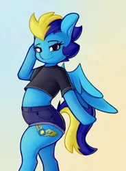 Size: 2193x2973 | Tagged: source needed, safe, artist:andelai, derpibooru import, oc, oc:blue angel, unofficial characters only, pegasus, semi-anthro, clothes, denim, denim shorts, female, image, looking at you, milf, pinup, png, short shirt, shorts, solo, wings