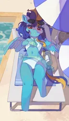 Size: 3006x5209 | Tagged: safe, artist:saxopi, derpibooru import, oc, oc:blue angel, unofficial characters only, anthro, pegasus, anatomically incorrect, arm hooves, clothes, female, image, incorrect leg anatomy, milf, png, solo, sunglasses, swimming pool, swimsuit, towel, umbrella, wings