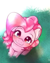 Size: 384x480 | Tagged: safe, artist:kurogewapony, derpibooru import, pinkie pie, earth pony, pony, cute, diapinkes, female, grass, grass field, image, looking at you, looking up, png, sitting, smiling