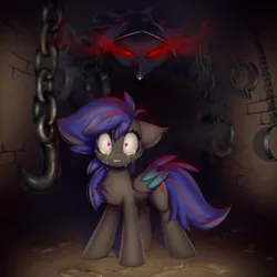 Size: 3000x3000 | Tagged: grimdark, artist:o0o-bittersweet-o0o, derpibooru import, oc, oc:ebony rose, unofficial characters only, bat pony, pony, chains, chest fluff, commission, crying, dungeon, fangs, female, floppy ears, glow, glowing eyes, hooks, image, indoors, looking at you, mare, monster, png, scared, standing