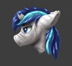 Size: 807x733 | Tagged: safe, artist:crimsonwolf360, derpibooru import, shining armor, pony, unicorn, broken horn, bust, floppy ears, fluffy, g4, gray background, horn, image, male, png, portrait, scar, simple background, solo, stallion