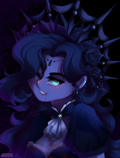 Size: 1280x1683 | Tagged: safe, artist:natanvok, derpibooru import, princess luna, human, equestria girls, abstract background, big breasts, blood, breasts, busty princess luna, clothes, crown, dripping blood, ear piercing, earring, humanized, image, jewelry, jpeg, looking away, one eye closed, piercing, pony coloring, regalia, solo