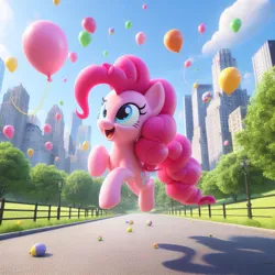 Size: 894x894 | Tagged: safe, derpibooru import, machine learning generated, pinkie pie, earth pony, ai content, balloon, building, central park, female, happy, image, jpeg, jumping, new york city, open mouth, park, prompter:pinkiepiepics, tree