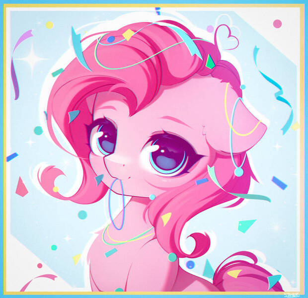 Size: 827x800 | Tagged: safe, artist:stahlkat, derpibooru import, pinkie pie, earth pony, pony, big eyes, confetti, cute, female, image, jpeg, solo