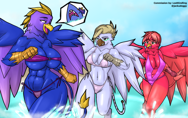 Size: 4124x2600 | Tagged: suggestive, artist:jackudoggy, derpibooru import, oc, oc:georgina, oc:gina, oc:grace, unofficial characters only, anthro, gryphon, shark, fanfic, abs, beach, big breasts, bikini, breasts, cameltoe, chubby, cleavage, clothes, commission, fanfic art, female, griffon oc, image, muscles, muscular female, one-piece swimsuit, png, swimsuit, trio, trio female, two-piece swimsuit, water