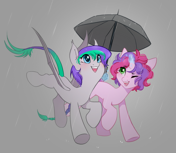 Size: 1240x1079 | Tagged: safe, artist:melodylibris, derpibooru import, oc, oc:lony, oc:melody (melodylibris), unofficial characters only, bat pony, pony, unicorn, bat pony oc, bat wings, cute, duo, gray background, horn, image, levitation, looking up, magic, ocbetes, one eye closed, open mouth, open smile, png, rain, running, simple background, smiling, telekinesis, umbrella, unicorn oc, wings