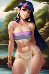 Size: 3070x4608 | Tagged: suggestive, derpibooru import, editor:sammykun, machine learning generated, twilight sparkle, human, ai content, bare shoulders, belly button, bracelet, breasts, busty twilight sparkle, chel, clothes, cosplay, costume, ear piercing, earring, female, gold, halloween, halloween costume, holiday, humanized, image, jewelry, jpeg, jungle, lake, loincloth, long hair, looking at you, midriff, palm tree, piercing, prompter:sammykun, sexy, sleeveless, smiling, solo, strapless, stupid sexy twilight, the road to el dorado, tree, tribal, tube top, water, wide hips